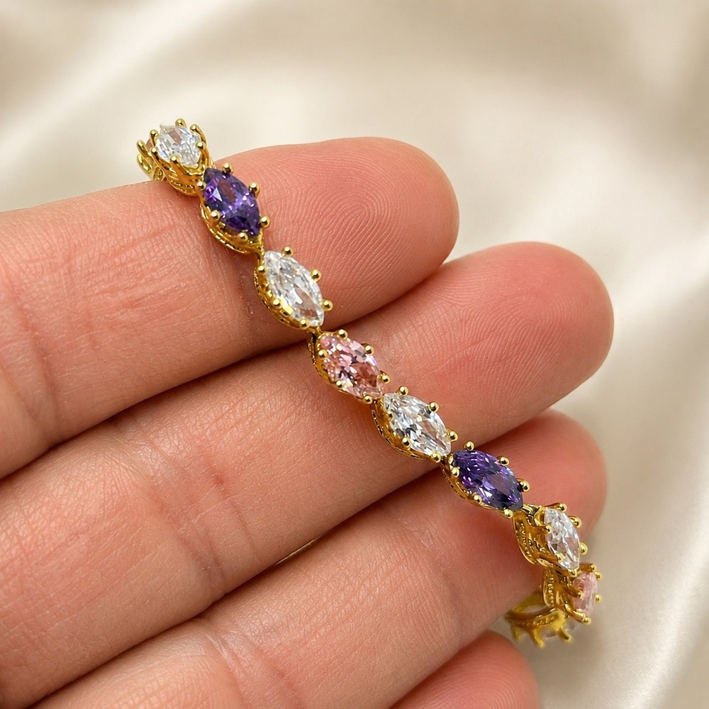 Marquise Cut CZ Rainbow Gold Tone‎  Tennis Bracelet 7.5" Purple Pink